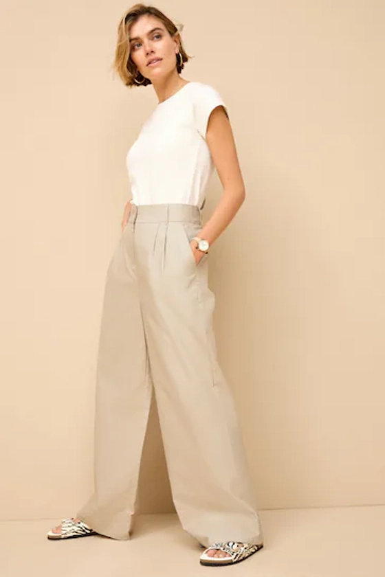 Buy Stone Cotton Mix Smart Wide Leg Trousers from the Next UK online shop