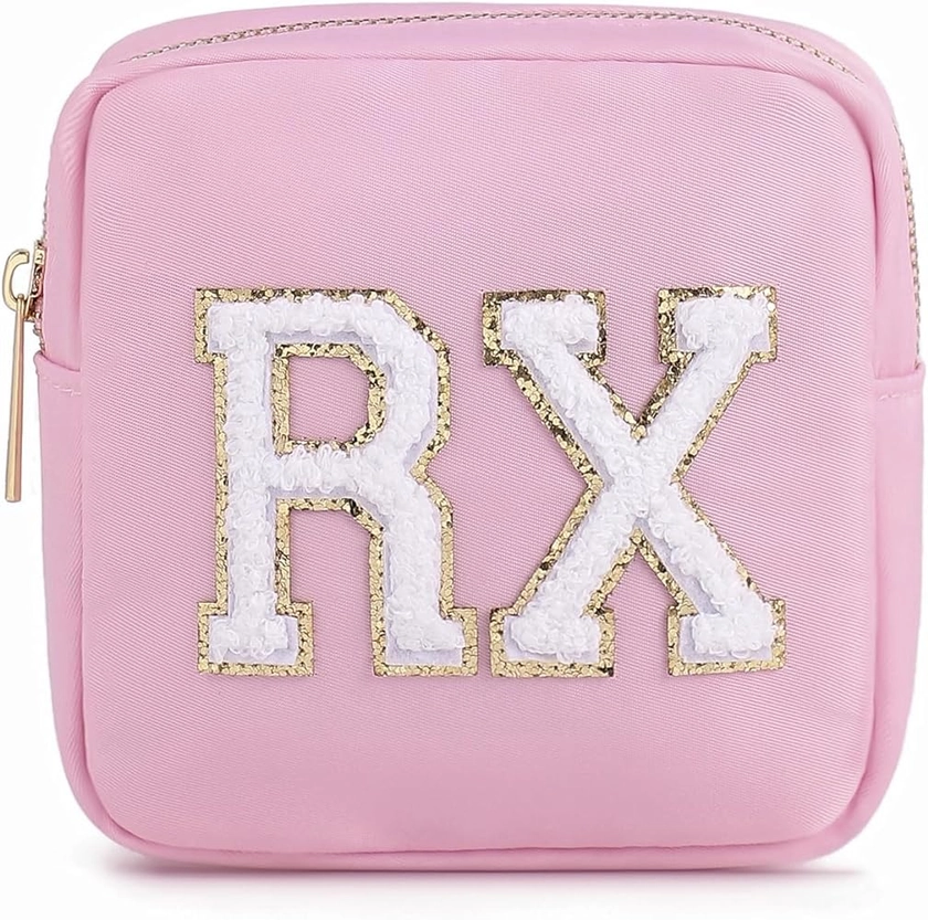 Personalized Small Nylon Rx Cosmetic Bag, Cute Chenille Letter Patch Medicine Drug Pouch with Zipper,Preppy Makeup Travel Vitamin Bag for Women and Girls (Light Pink)