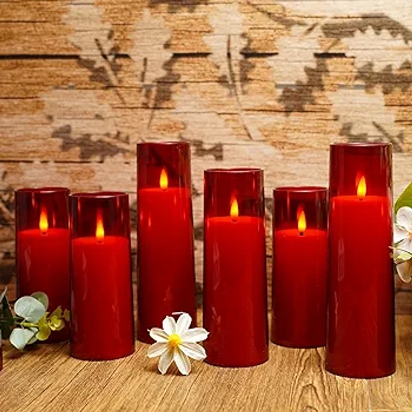 Flickering Flameless Candles Battery Operated with Remote and 2/4/6/8 H Timer Plexiglass Led Pillar Candles Pack of 9 (D2.3 xH 5" 6" 7") with Realistic Moving Wick Candles for Home Decor(Red)