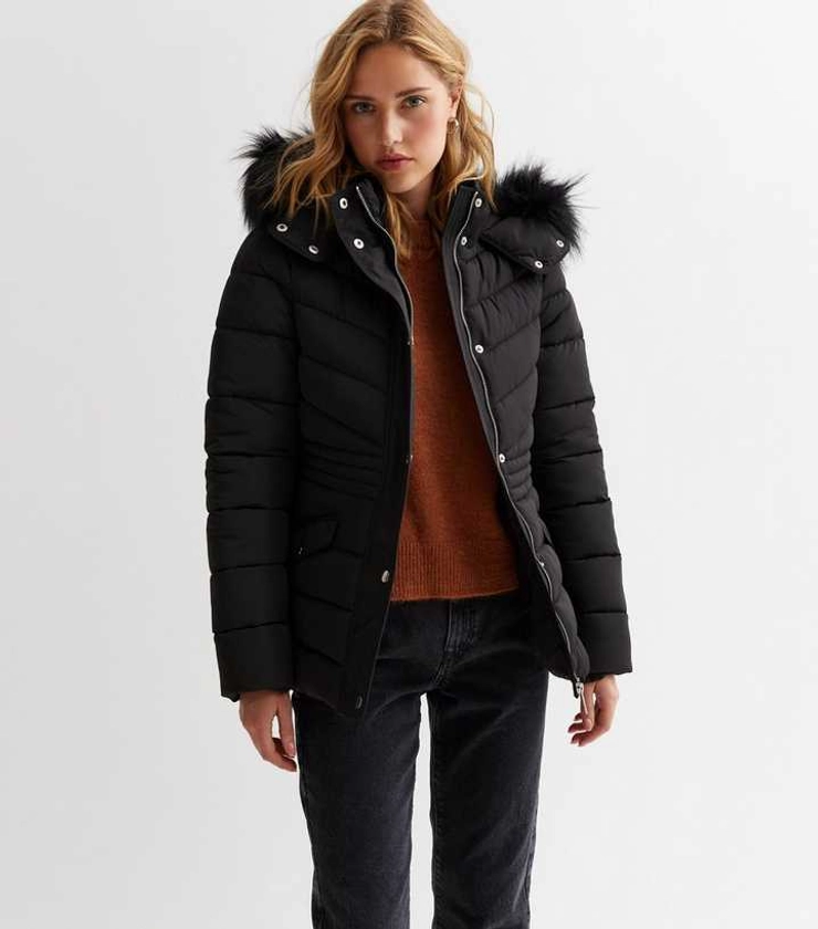 Black Faux Fur Trim Hooded Puffer Jacket | New Look