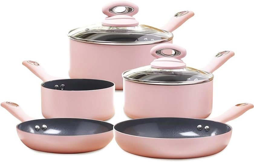 Cermalon Blush Pink 5-Piece Ceramic Cookware Set - Includes 2X Frying Pans and 3X Saucepans with Grey Sparkle Ceramic Non-Stick Coating - Compatible for All Types of Hobs - PTFE and PFOA Free
