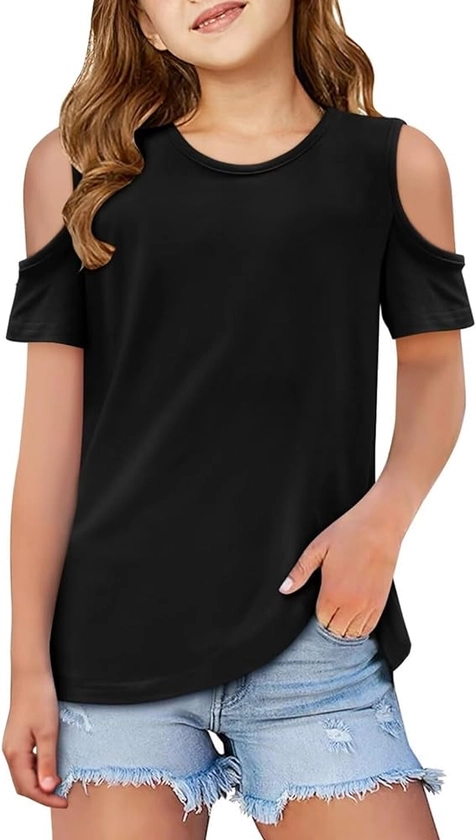 Girls Short Sleeve Shirts Cute Crew Neck Cold Shoulder Tee Top 5-14 Years