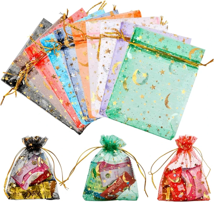 HUMOKI 100PCS Small Organza Gift Bags, Favour Bags Small 10 Color, Moon Star Organza Bags, Small Mesh Bags Drawstring, Jewellery Pouches Wedding Candy Bag, for Wedding Birthday Christmas Anniversary