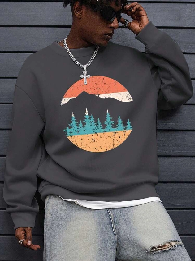 Manfinity Hypemode Men's Long Sleeve Vintage Mountain Graphic Print Pullover Sweatshirt, Boyfriend Gift | SHEIN UK