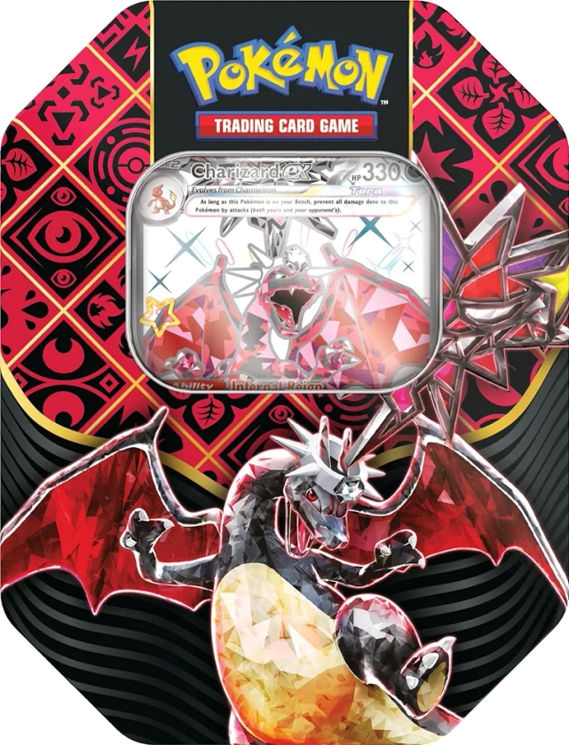 Pokémon TCG: Scarlet & Violet—Paldean Fates Tin – Shiny Charizard ex (1 Tarjeta Promocional de Aluminio y 4 Paquetes de Refuerzo)