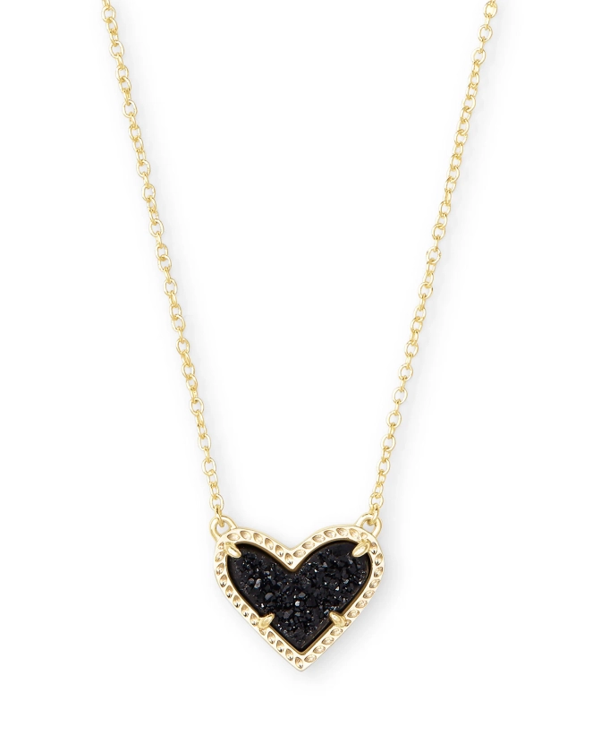 Ari Heart Gold Pendant Necklace in Black Drusy