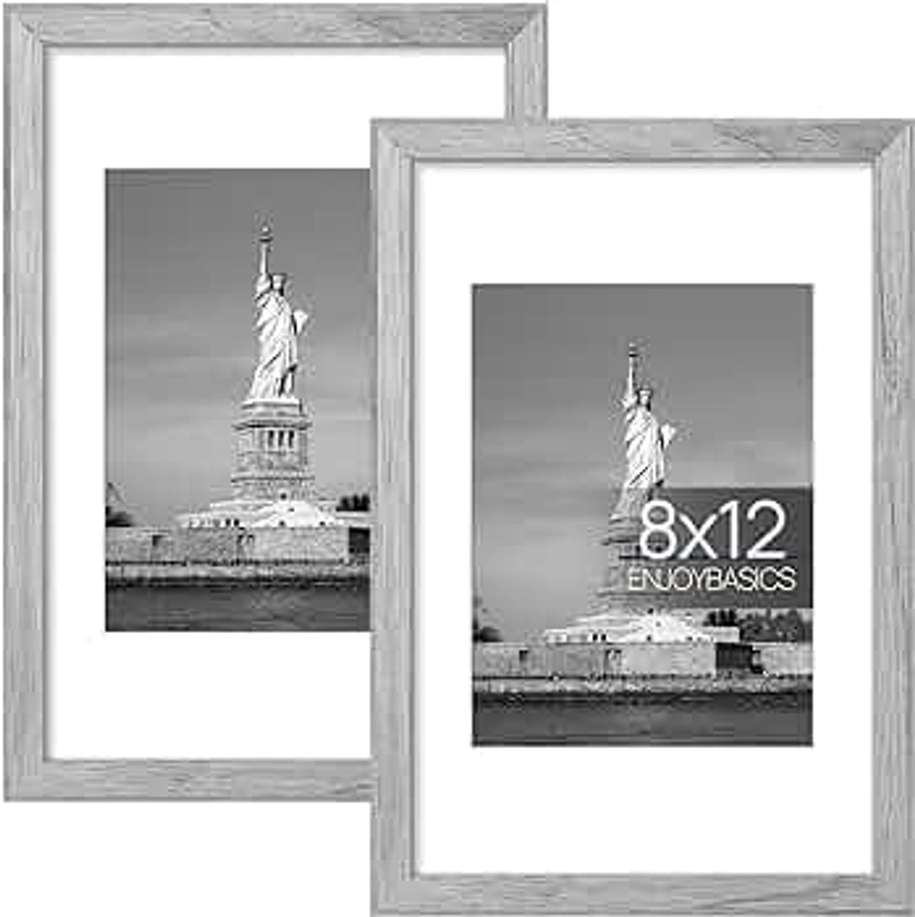 ENJOYBASICS 8x12 Picture Frame, Display Poster 6x8 with Mat or 8x12 Without Mat, Wall Gallery Photo Frames, Gray, 2 Pack