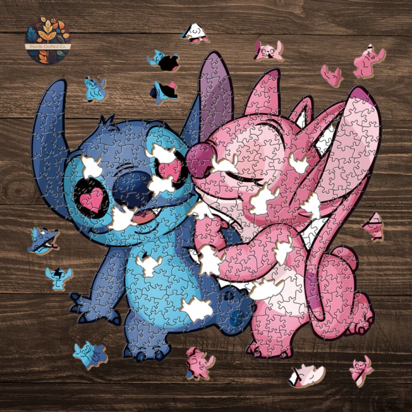 Puzzle en bois Stitch & Angel : le cadeau parfait pour les couples Disney pour la Saint-Valentin - Oeuvre d'art fabriquée à la main pour les amateurs