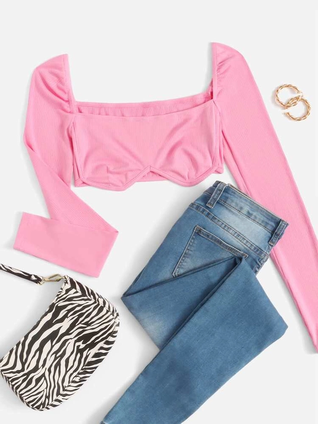 SHEIN Square Neck Crop Ribbed Knit Top: Pink
