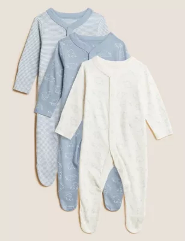 3pk Pure Cotton Sleepsuits (5lbs-3 Yrs) | M&S Collection | M&S