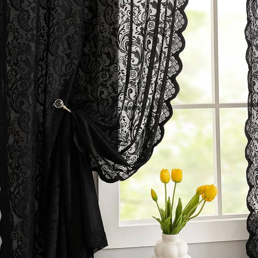 ZEYUMEE Black Lace Curtains 63 inches Length Elegant Vintage Floral Sheer Curtain Panels for Halloween Luxury Gothic Curtains for Bedroom Witchy/Goth Room Decor, 52 x 63 Black: Panels: Amazon.com.au