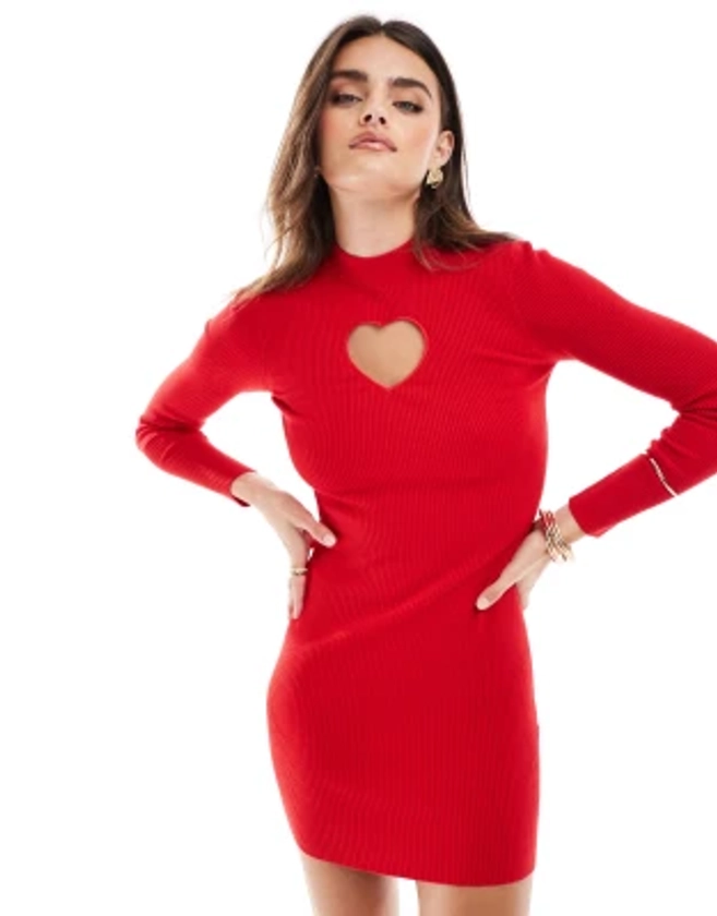 Miss Selfridge - Robe courte en maille côtelée à découpe cœur - Rouge | ASOS