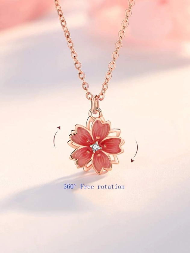 Cubic Zirconia Decor Flower Pendant Necklace