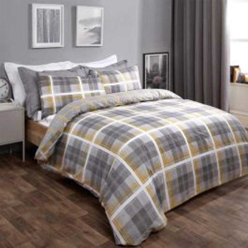 Dreamscene Denim Check Duvet Cover Set - Grey/Ochre