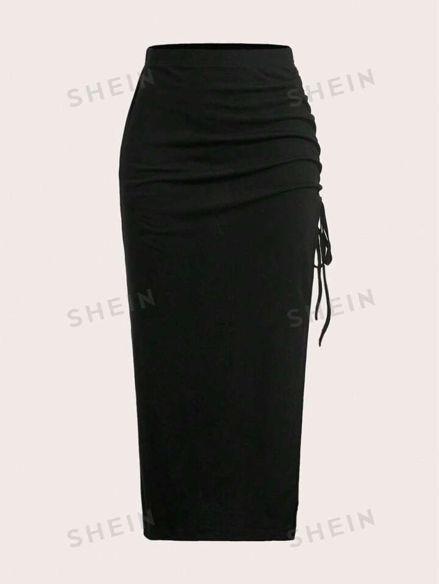 SHEIN EZwear Summer  Outfits Drawstring Split Thigh Skirt