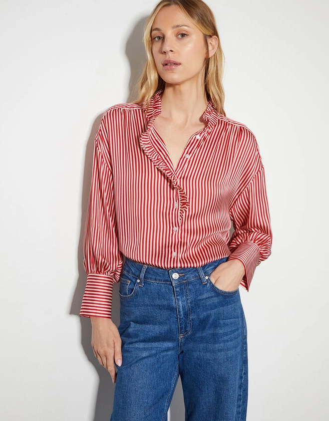 Nancy Ruffle Satin Candy Stripe Blouse Red