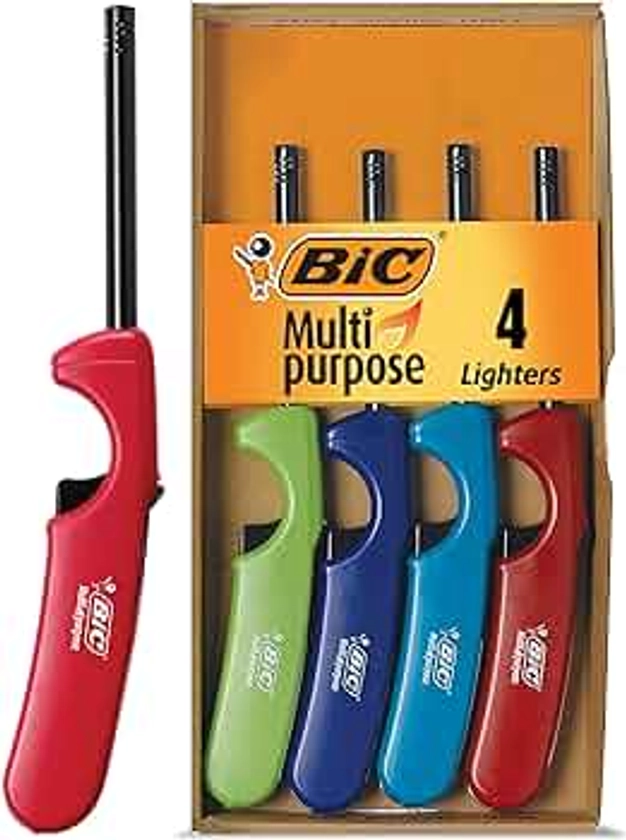 BIC Multi-Purpose Lighters, Long Metal Wand, Great for Grills, Fireplaces and Candles, Utility Lighter, Assorted Colors, 4-Count