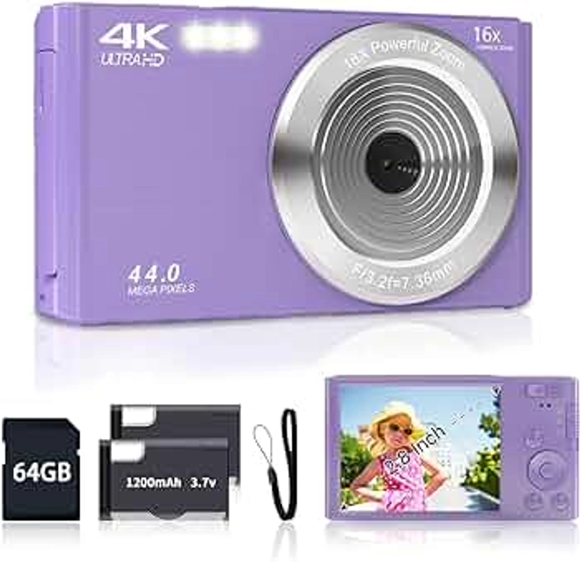 Digital Camera for Teens, FHD 4K 44MP Digital Camera Purple with 64GB SD Card 16X Digital Zoom, Digital Camera Compact Point and Shoot Camera for Teens Boys Kids Camera Digital Purple (Purple)