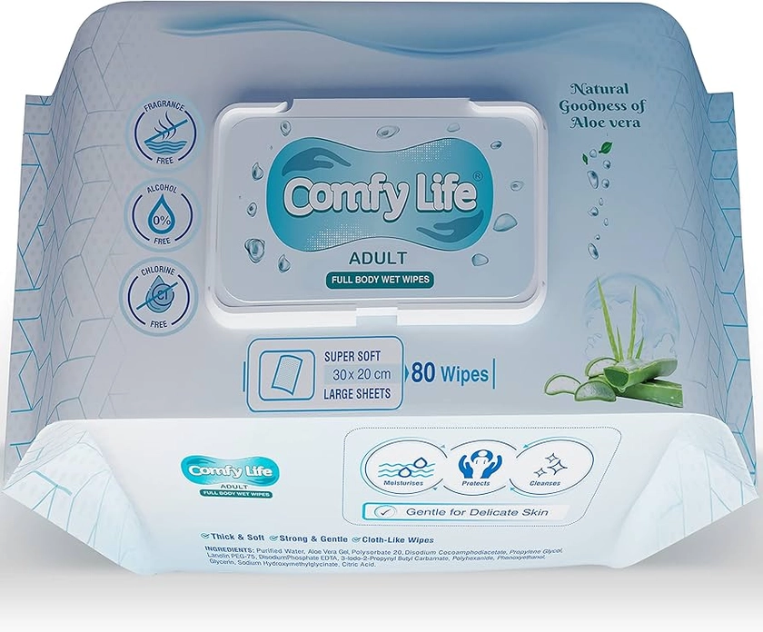 Comfy Life Premium Full Body Cleansing Wet Wipes For Adults - Large Luxury Fresh-feel Rinse-free Fragrance-free Bed Bath Intimate-care Soft Sheets (1 Pack (80 Wipes))