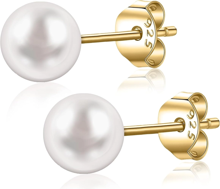 18k Gold Plated 925 Sterling Silver Freshwater Pearls Earrings Studs AAA+ Handpicked Cultured Pearl earrings| Hypoallergenic Earrings Gold Ball Stud Earrings for Women