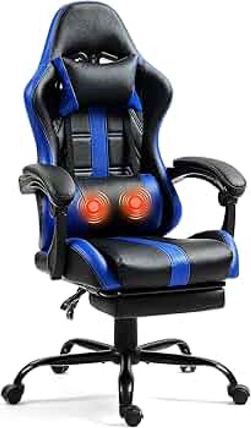 Massage Gaming Chair with Footrest, Ergonomic PU Leather Computer Chair w/Headrest and Lumbar, Height Adjustable, 360° Swivel Desk Office Chair, Blue