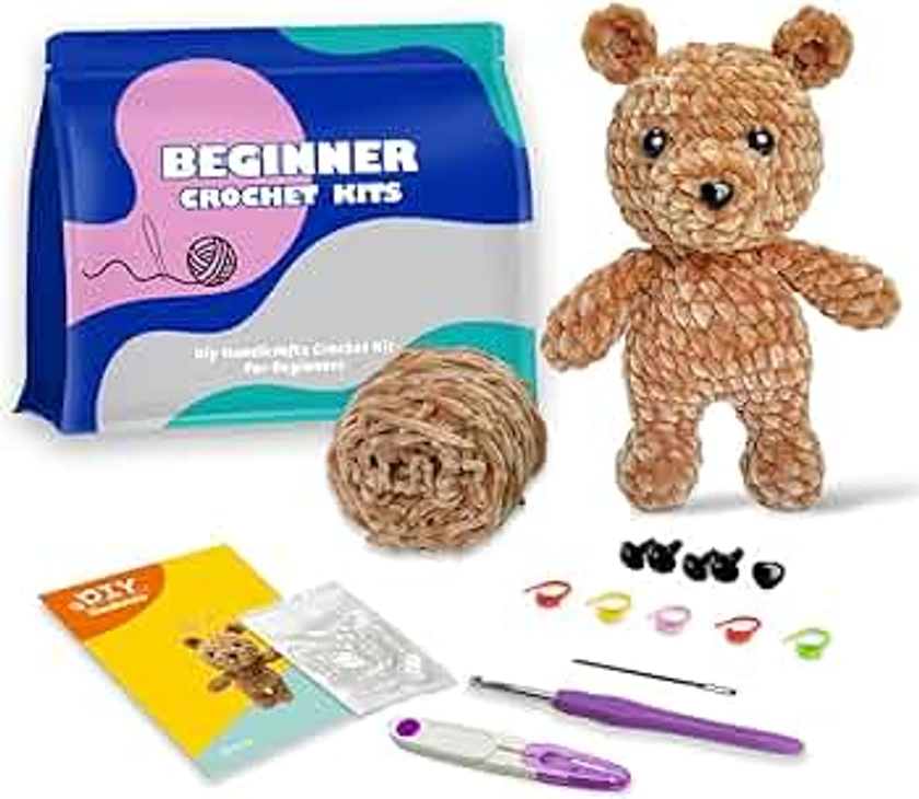 Jeslon Beginners Crochet Kit - Knitting Crochet Kits for Adults Kids - Crochet Starter Kit with Step-by-Step Video Tutorials - Amigurumi Stuffed Animals Gift for Kids - Brown Bear