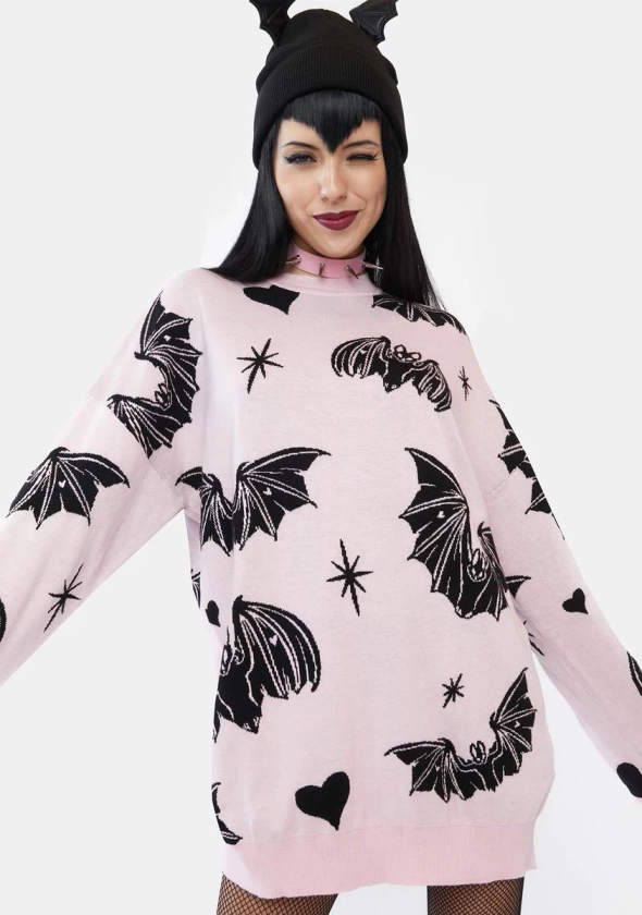 The Grave Girls Bat Print Oversized Sweater - Pink/Black