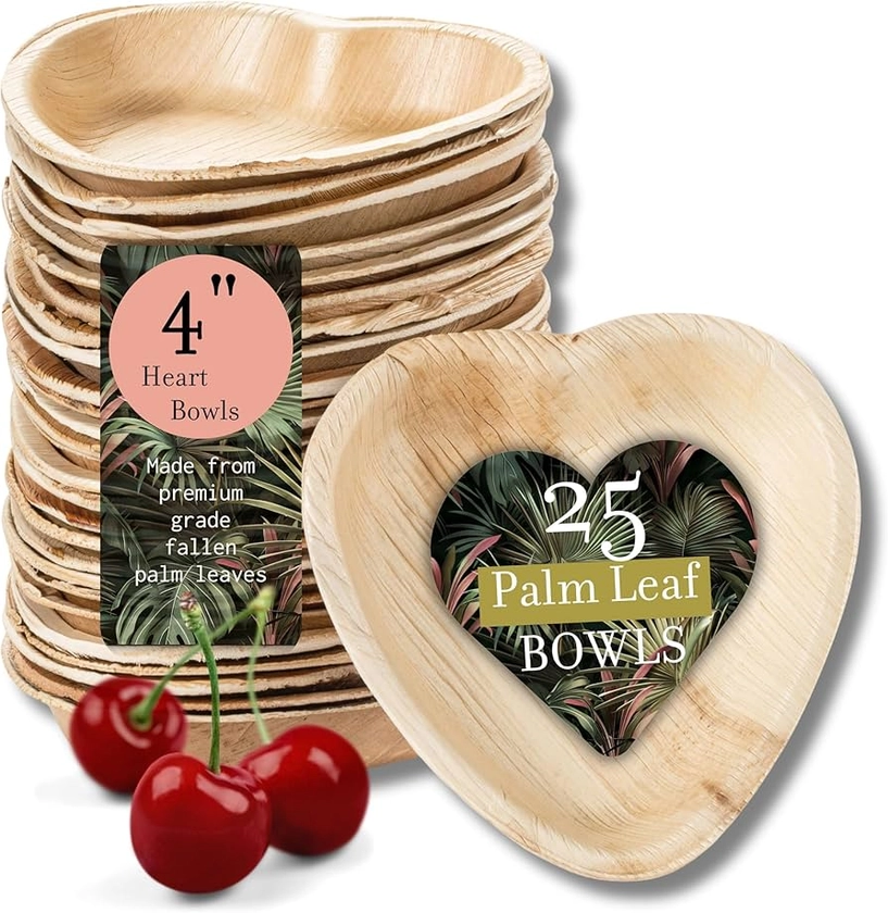 brheez Palm Leaf Disposable Bamboo Style 4" Heart Shaped Plates - Natural Color - Elegant Sturdy - Biodegradable and Compostable (pack of 25)