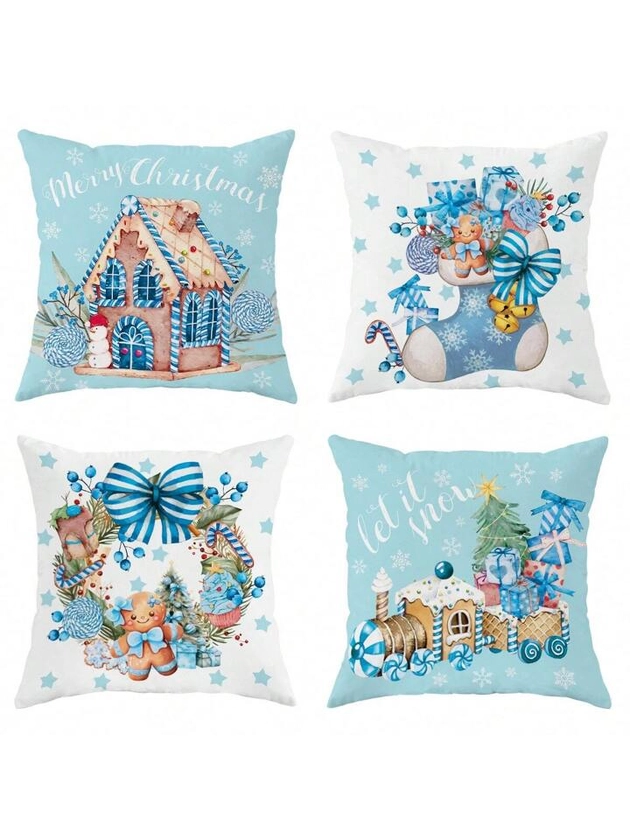 4Pcs Gingerbread House Candy Cane Christmas Stocking Train Gift Ice Blue Throw Pillow Covers, Fun And Cute Winter Christmas Throw Pillow Covers, Velvet Decorative Cushion Covers 45×45Cm/18"×18", Suitable For Christmas Party Living Room/Bedroom/Sofa/ Bed Decoration/Gifts