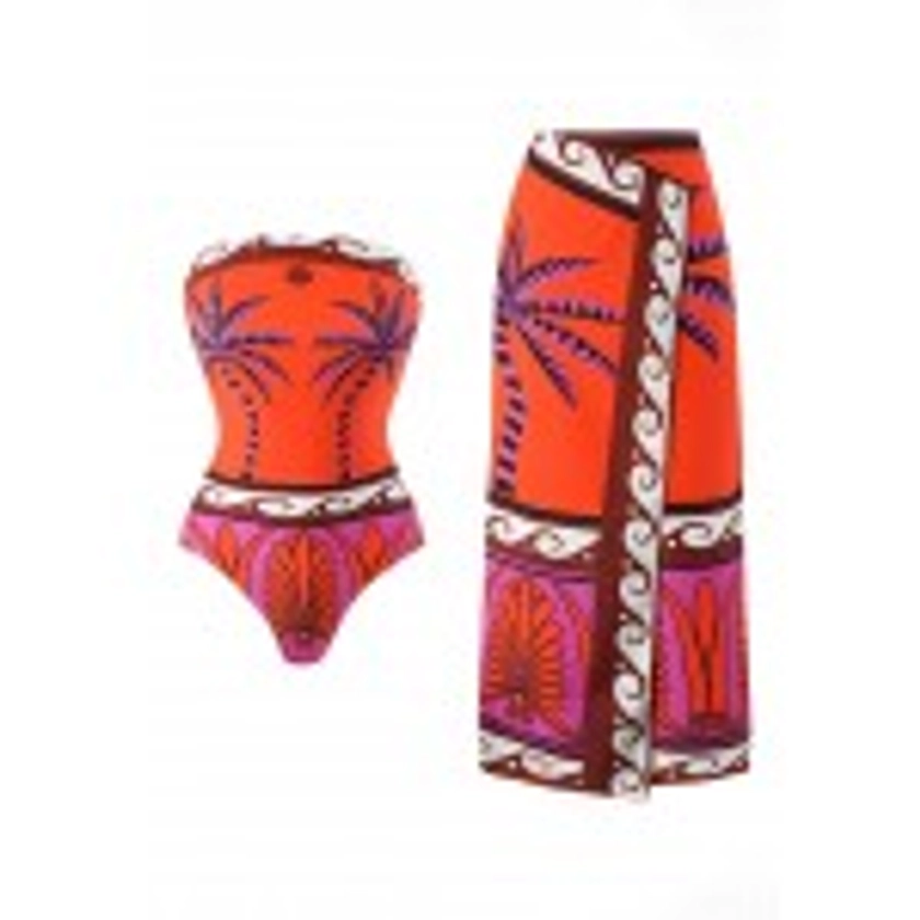 Buy Orange & Red Set of Swimsuit & Bottom