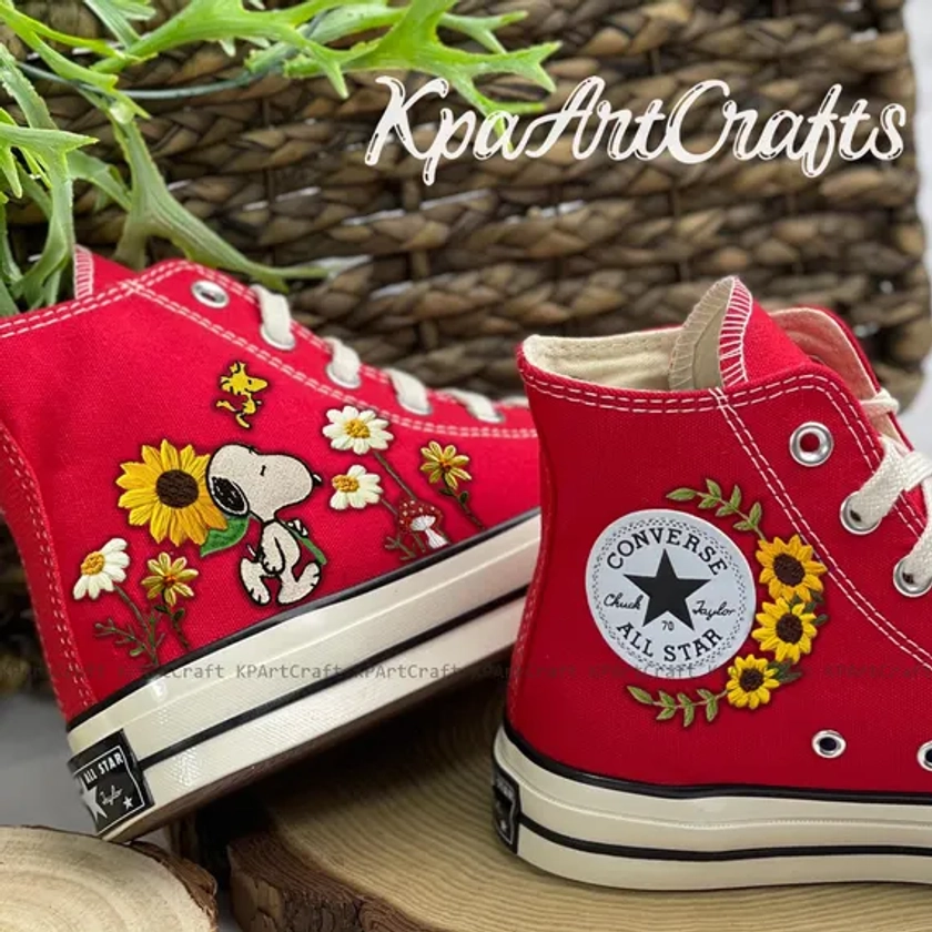 Cute Dog Embroidered Converse, Sunflower Embroidered Converse, Cartoon Dog, Converse Flower Embroidered, Converse High Tops, Floral Shoes