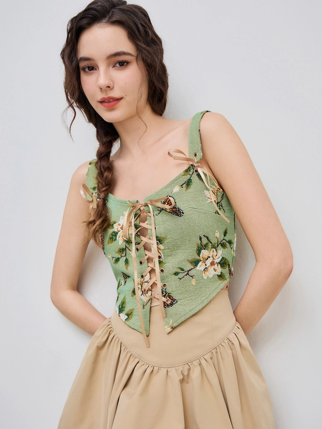 Floral & Butterfly Lace Up Crop Tank Top