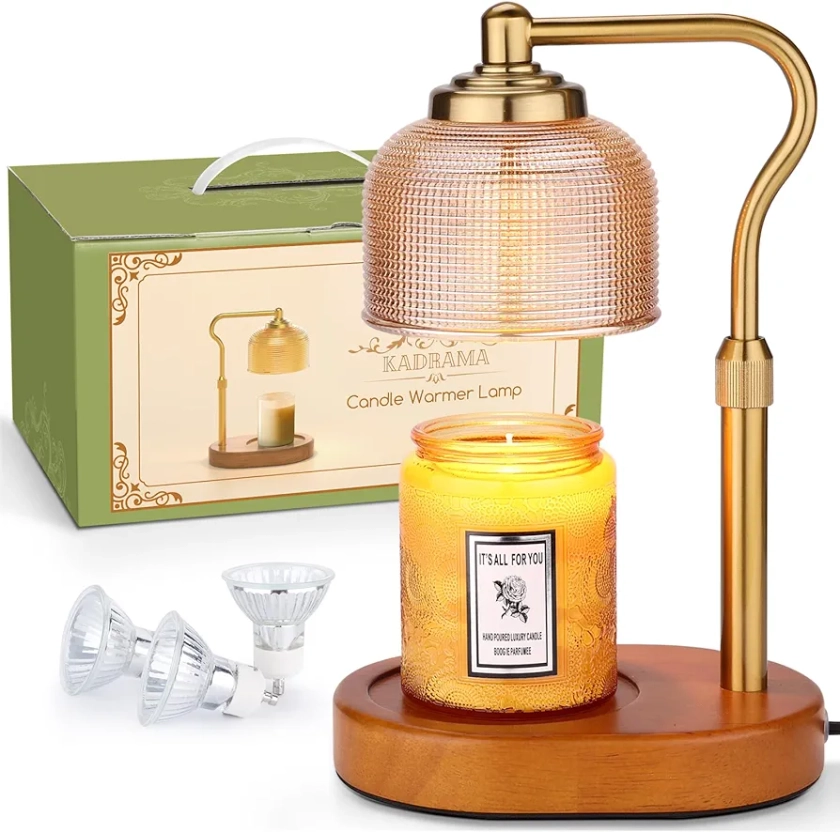 Kadrama Candle Warmer Lamp, Candle Warmer with Timer Dimmer Candle Lamp with 3 Bulbs Valentines Gifts for Her, Height Adjustable Electric Wax Melt Warmer for Scented Candles Bedroom Home Decor, Gold