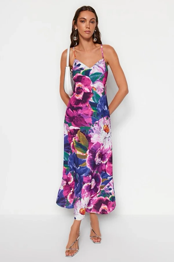 Trendyol Collection Různobarevné tkané šaty s květinovým midi texturou na ramínka TWOSS23EL02416 - Trendyol