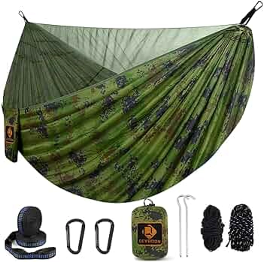 Camping Hammock, Portable Hammocks with Mosquito Net,Lightweight Nylon Parachute Hammock with 10ft Tree Straps,Camping Gear Must Haves for Travel,Hiking,Backpacking,Beach,Patio-Plaid Camouflage