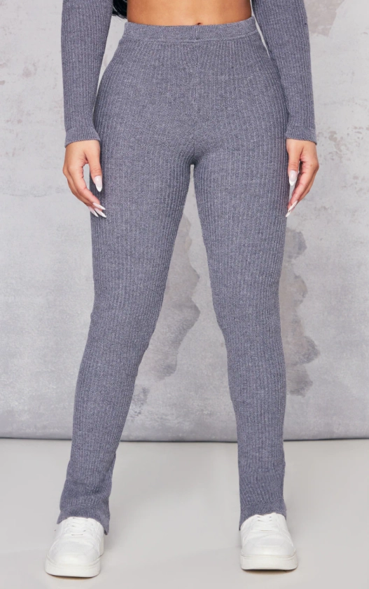 Petite Charcoal Knitted Rib High Waisted Skinny Flares