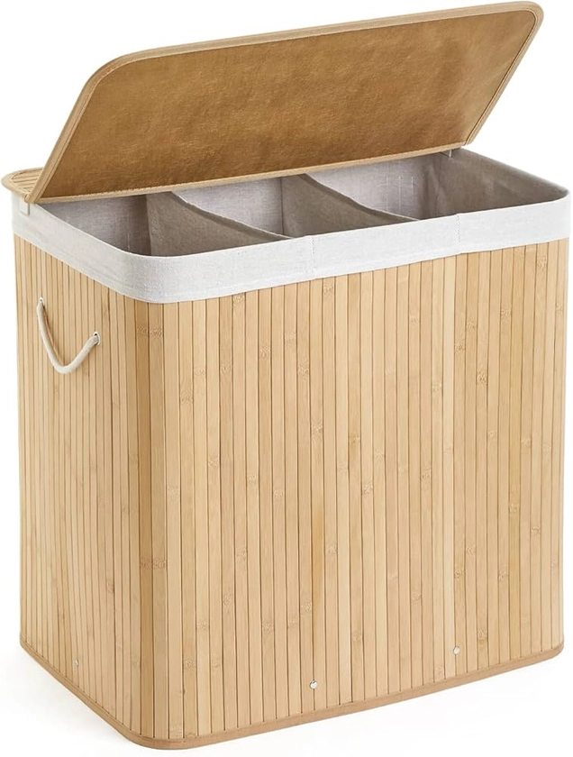 Mondeer Bamboo Laundry Basket Foldable with 3 Sections Storage Hamper with Removable Washable Lining Washing Hamper Bin, 150L, 61.5 x 40 x 60 cm, Natural