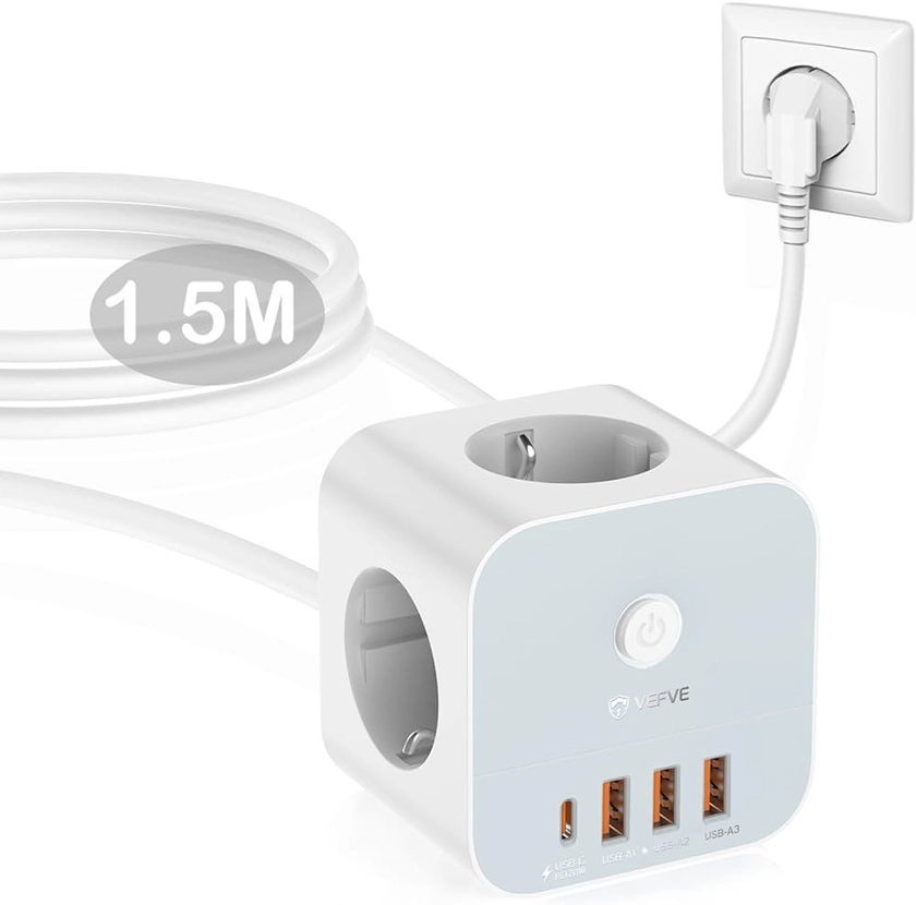 VEFVE Cube Extension Cable with USB, 7-in-1 Power Strip, Multiple Socket Adapter with 3 Sockets, 1x USB-C and 3x USB-A Ports, 20W PD&QC Fast Charging, 1.5m Cable : Amazon.nl: Electronics & Photo