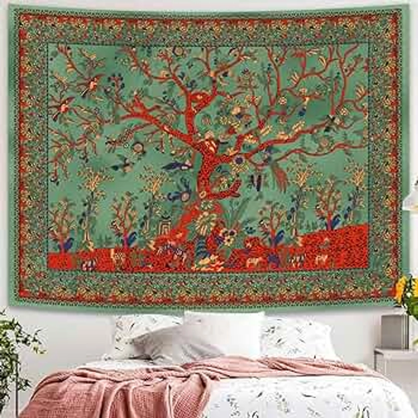 Simpkeely Tree of Life Tapestry, Aesthetic Indian Mandala Wall Hanging, Hippie Tie Dye Bohemian Tapestries Wall Art Décor for Bedroom, Dorm, Living Room 130cm x 150cm (Green)