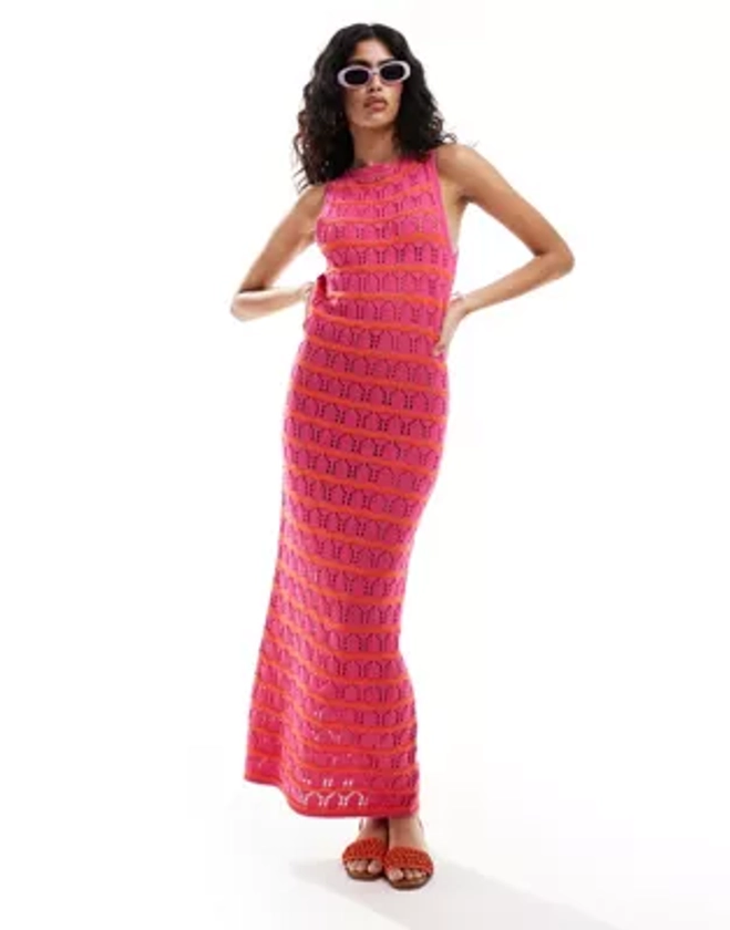 ASOS DESIGN knit scoop maxi dress in textured wave stitch in pink and orange stripe | ASOS