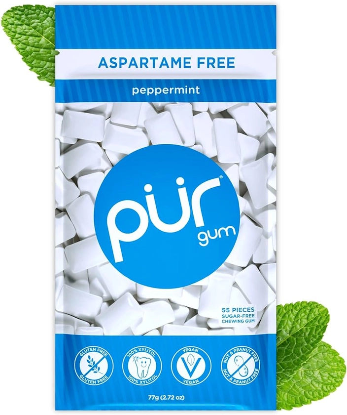 PUR 100% Xylitol Chewing Gum, Sugarless Peppermint, Sugar Free + Aspartame Free + Gluten Free, Vegan & Keto Friendly - Healthy, Low Carb, Simply Pure Natural Flavoured Gum, 55 Pieces (Pack of 1)