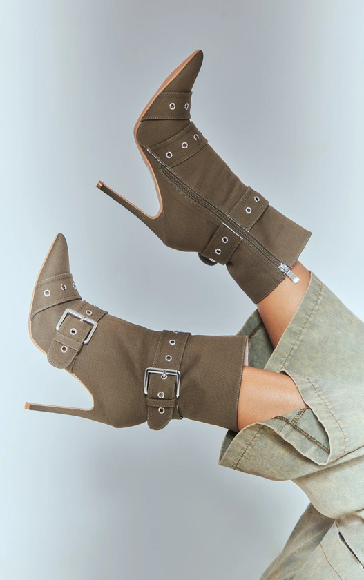 Khaki Twill Point Toe Buckle Heeled Ankle Boots