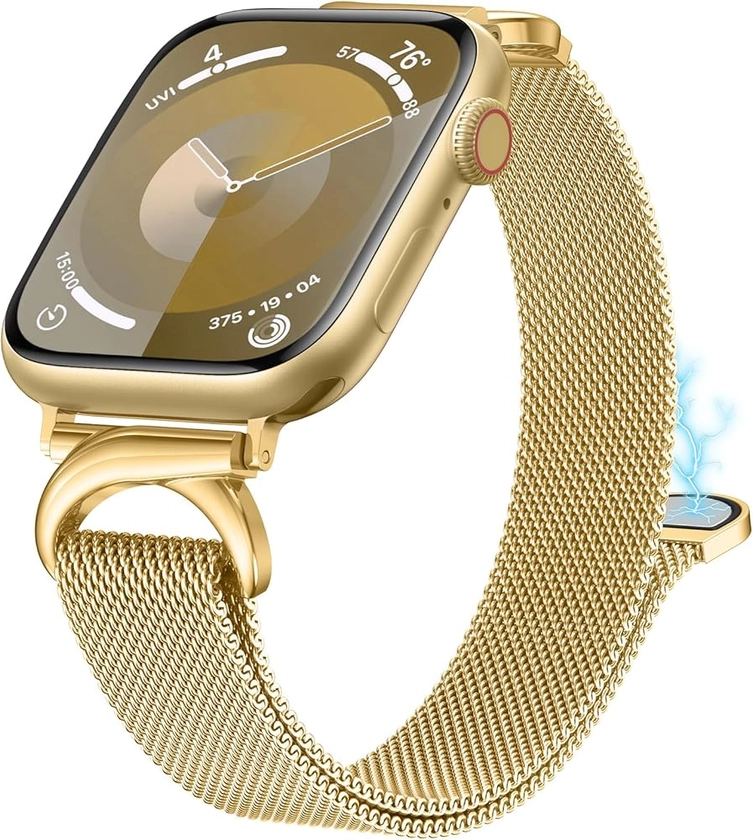 Stainless Steel Loop Compatible with Apple Watch Band 38/40/41/42/44/45/46/49mm, Women Metal Mesh Magnetic Slim Strap with C-Shape Clasp for iwatch SE Series 10/9/8/7/6/5/4/3/2/1 Ultra 1/2