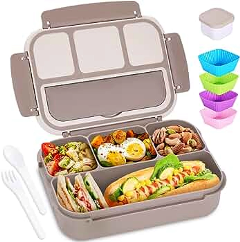 Bento Box Adult Lunch Box, Containers for Adults Men Women with 4 Compartments, Lunchable Food Container with Utensils, Sauce Jar, Muffin Liners, 40 Oz/5 Cup, Microwave & Dishwasher Safe, Brown