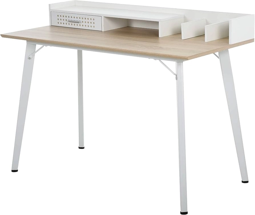 HOMCOM Small Computer Desk with Monitor Stand, Drawer and Storage Compartments, Home Office Desk for Small Spaces, Study Table, White
