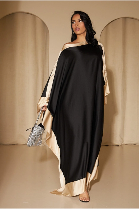 Abaya satinéee bicolore noire et beige