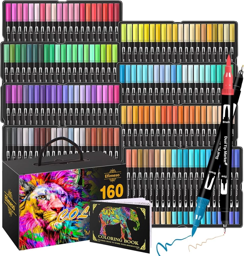 Efimeso Stylo Feutre 160 Feutres Coloriage Adulte, Marqueur Pinceau À Double Pointe, Feutre Aquarelle Fineliners Fournitures D'Art Pour Dessiner Croquis Livre De Coloriage