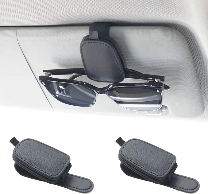 2 Packs Sunglasses Holders for Car Visor - Magnetic Leather Sunglasses Holder and Ticket Card Clip - Car Visor Accessories (Black)