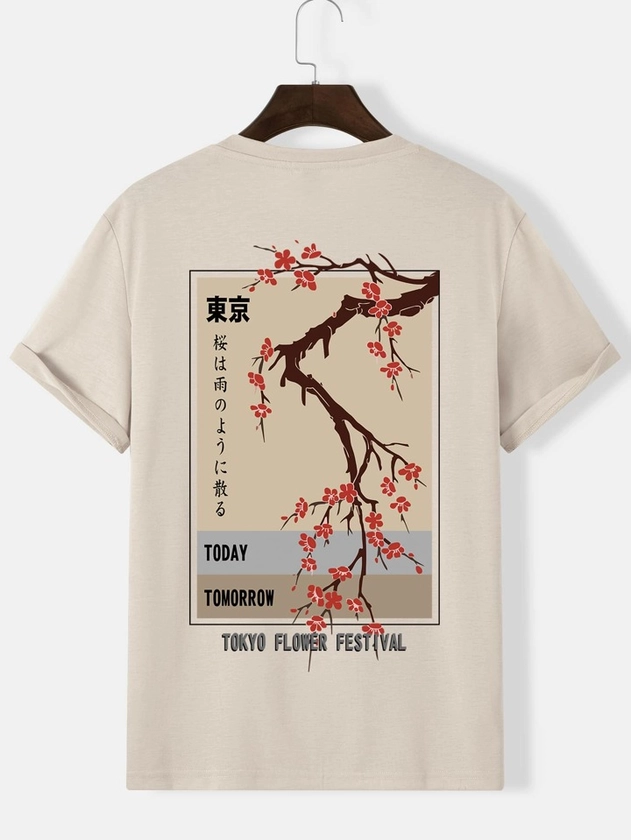 ROMWE Anime T-shirt Graphique À Fleurs Et Lettres Japonaises Pour Hommes