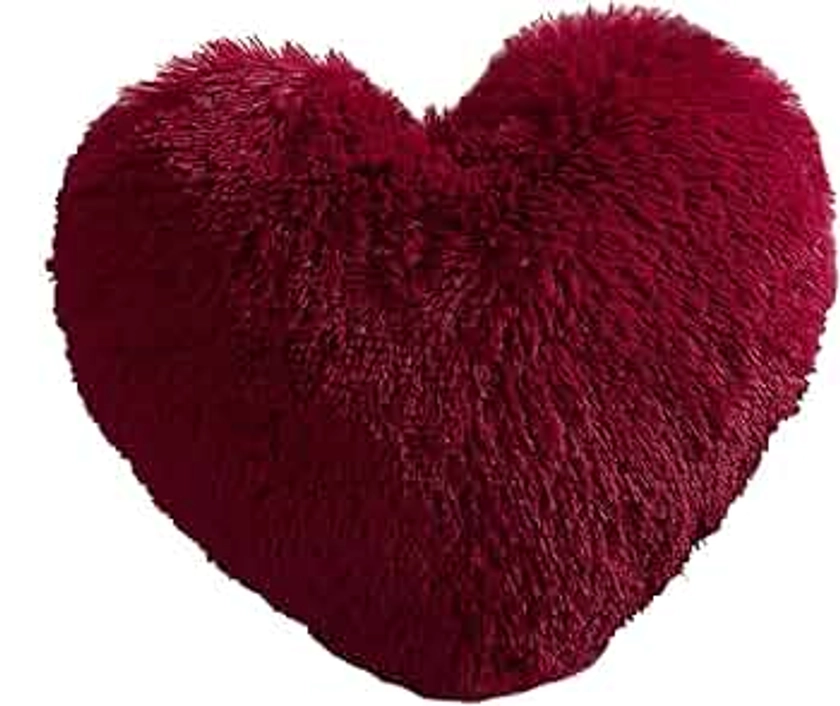 MorroMorn Fluffy Heart Throw Pillows, Shaggy Decorative Pillow for Sofa Couch Bed, Cute Room Decor Gifts for Women Girls Kids - Decorations for Valentines Day Mothers Day Christmas (Dark Red)